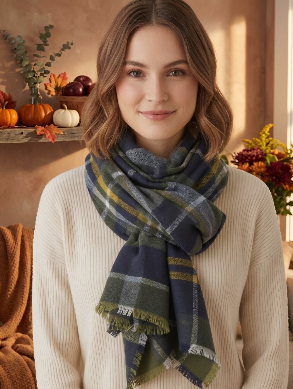Shiraleah Olive Blue Yellow Plaid Fringe Scarf Wrap